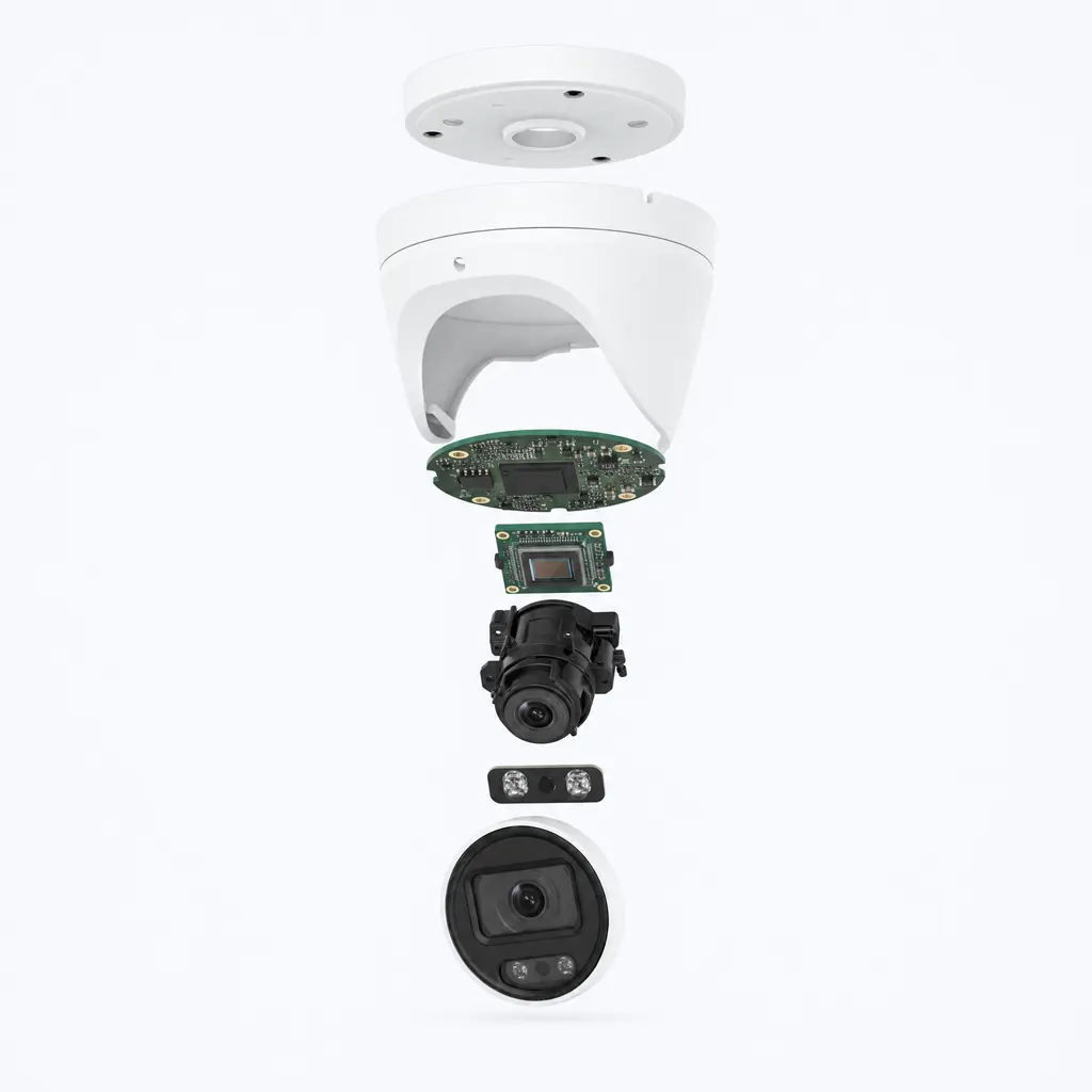 The same camera shown in an exploded view with its parts separated