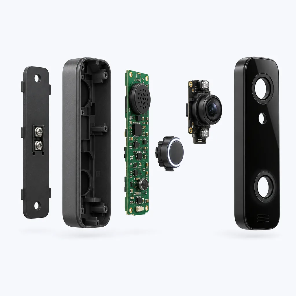 The same doorbell shown in an exploded view: mounting plate, housing, circuit board, button, camera module and front cover