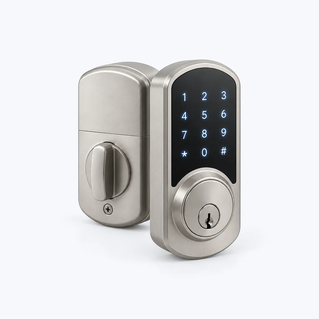 A satin nickel touchscreen smart lock