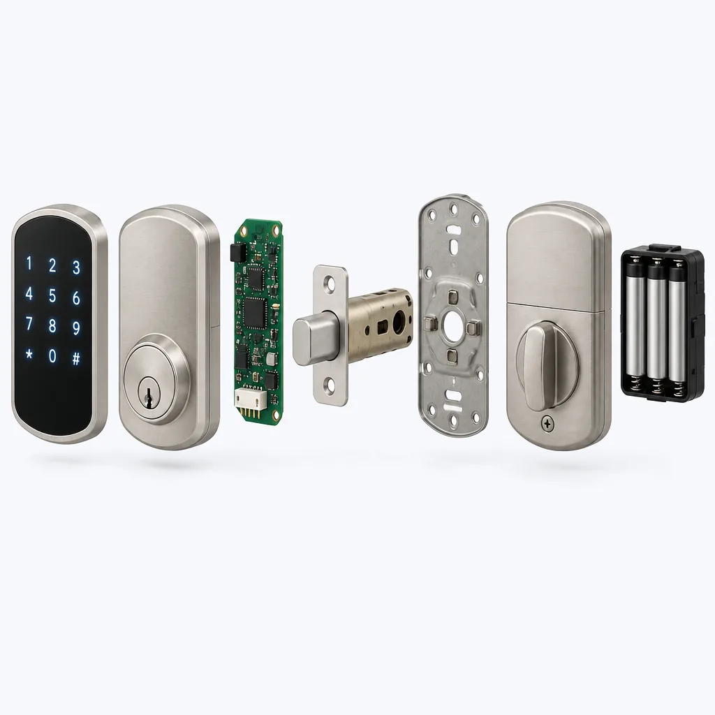 The same smart lock in an exploded view with its parts separated