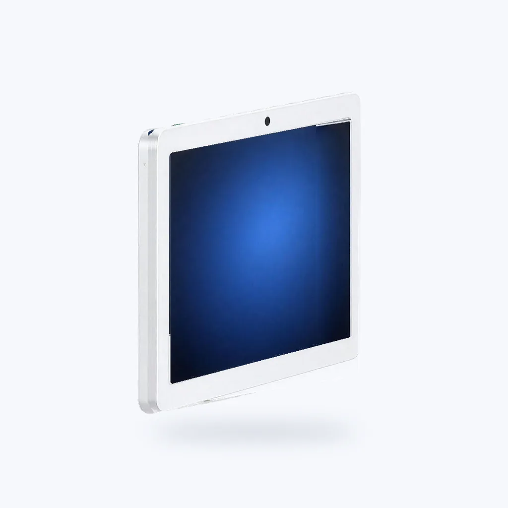 A white wall-mounted security touchscreen panel
