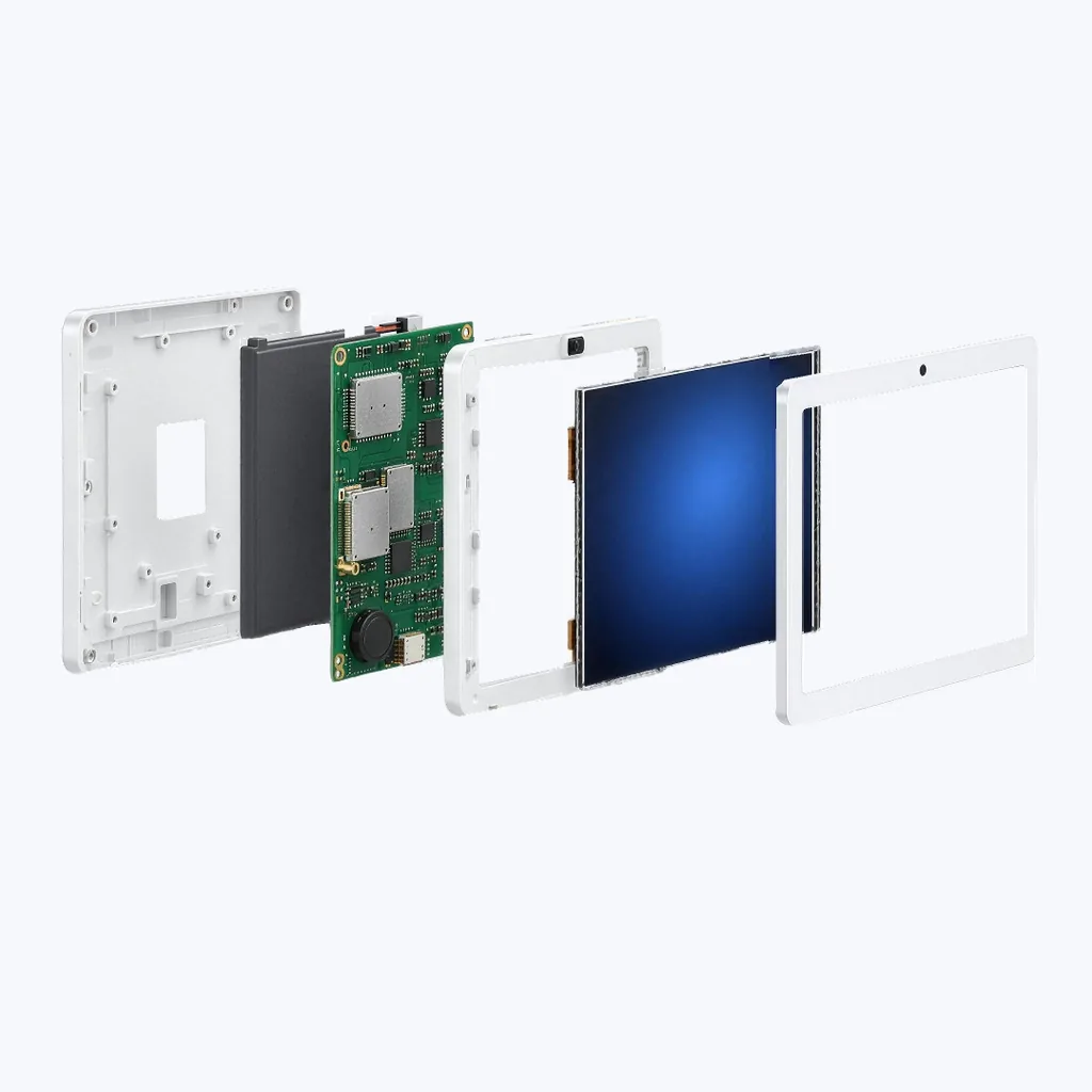 The same panel shown as separated layers: back plate, battery, circuit board, frame, display and cover glass