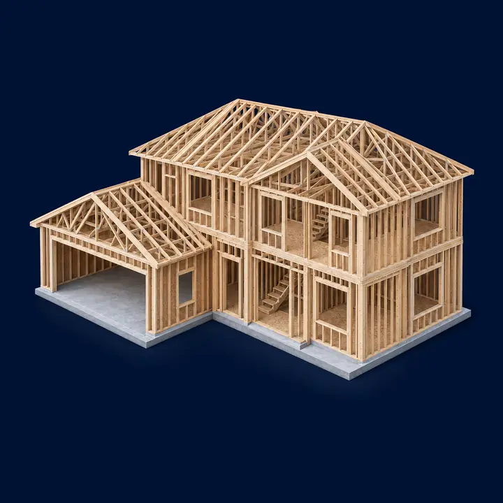A new two-story house at the framing stage, before any wiring