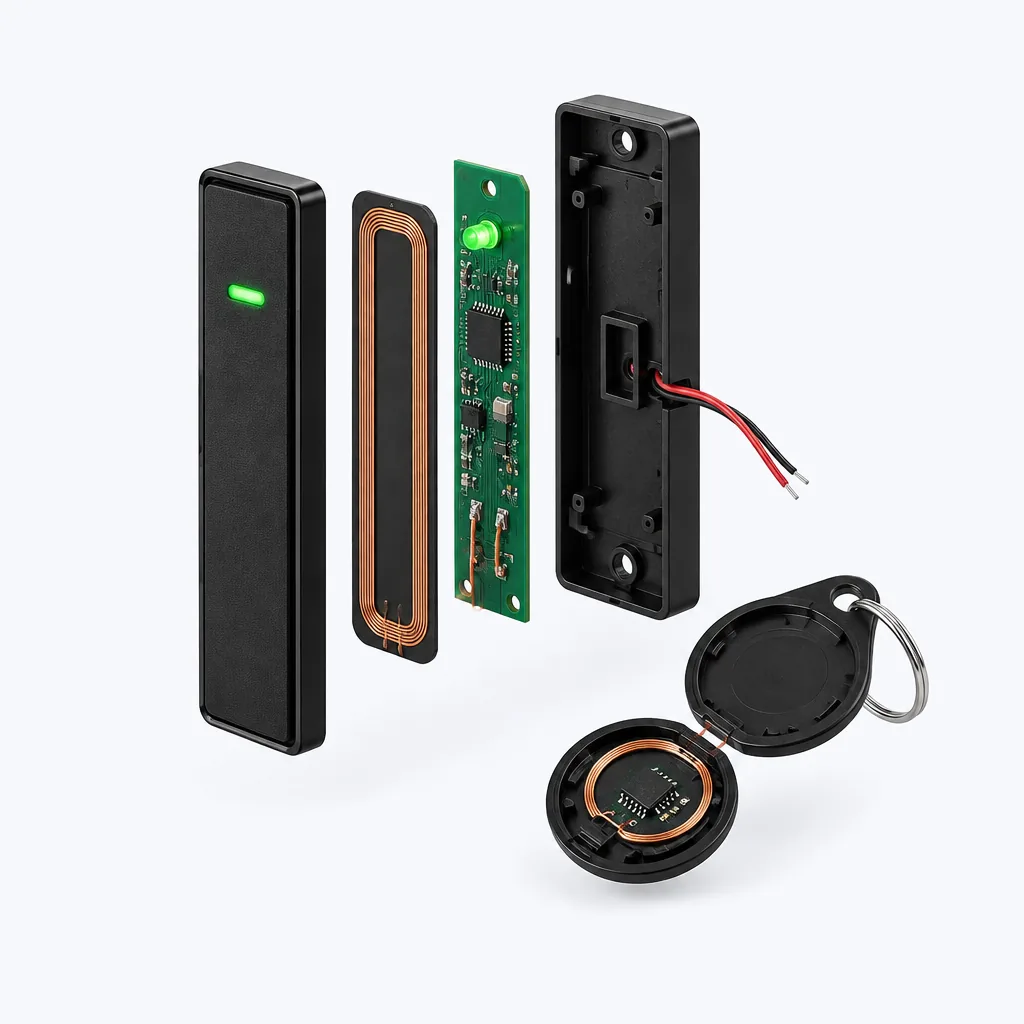 The same reader in an exploded view with its parts separated