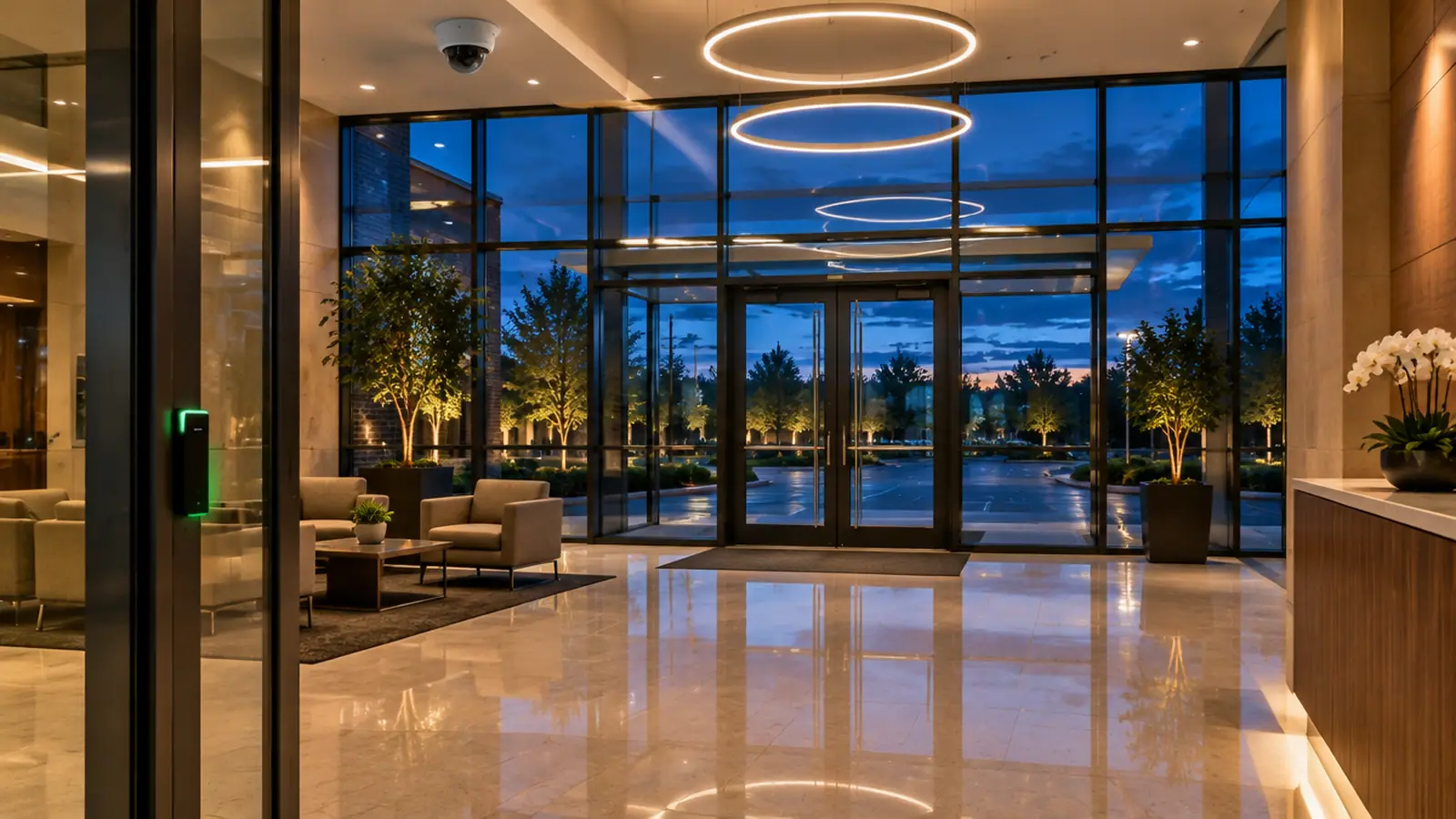 An office lobby at dusk with a card reader glowing beside the glass entrance and a dome camera on the ceiling