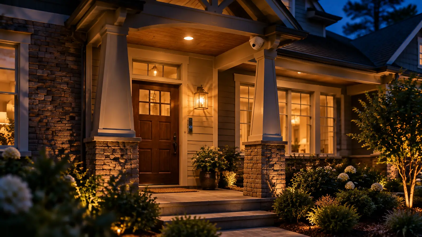 A home at dusk with its porch lights on, a video doorbell beside the front door and a camera under the eave